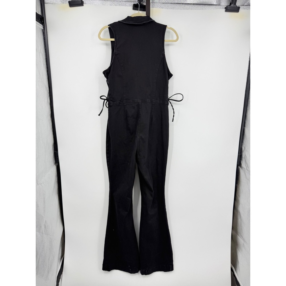 Idyllwind Lace Up Side Denim Jumpsuit Womens L Black Flare Zip Front Sleeveless - Picture 4 of 12